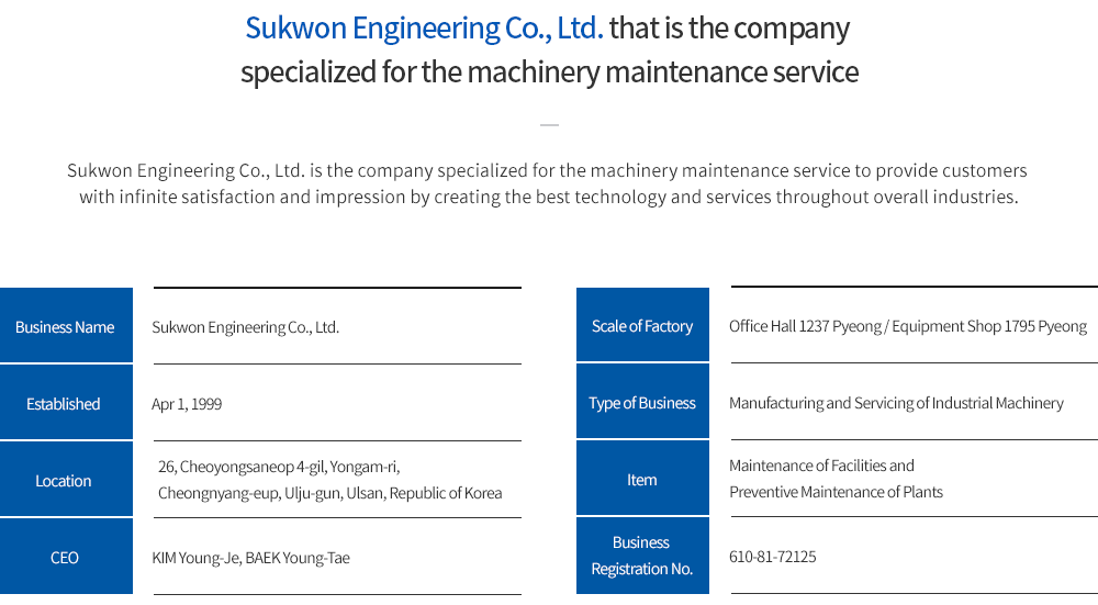 Business Name : Sukwon Engineering Co., Ltd., Established : Apr 1, 1999, Location : 4-gil Cheoyong Industry, Cheongryang-myeon, Ulju-gun, Ulsan-si, CEO : KIM Young-Je, Scale of Factory : Office Hall 1237 Pyeong, Equipment Shop 1795 Pyeong, Type of Business : Manufacturing and Servicing of Industrial Machinery