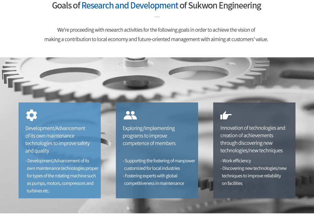 We’re proceeding with research activities for the following goals in order to achieve the vision of making a contribution to local economy and future-oriented management with aiming at customers’ value. 1. Development/Advancement of its own maintenance technologies to improve safety and quality 2. Exploring/Implementing programs to improve competence of members 3. Innovation of technologies and creation of achievements through discovering new technologies/new techniques